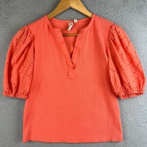 Dolan Left Coast Coral Ribbed Eyelet Puff Sleeve V-Neck Top Womens Small